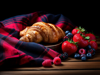 Breakfast tableau fruits, croissant, and checkered napkin