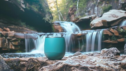 Teal tumbler sitting on a rock in front of a waterfall.