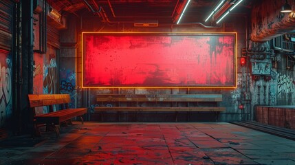 Obraz premium Dirty cyberpunk scene featuring a neon-lit urban alley at night, featuring a vibrant red billboard and graffiti on walls.