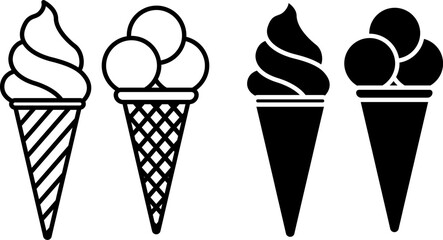 Ice cream icons. Black and White Vector Icons of Delicious Ice Cream in a Waffle Cup. Sweet Dessert. Summer Concept