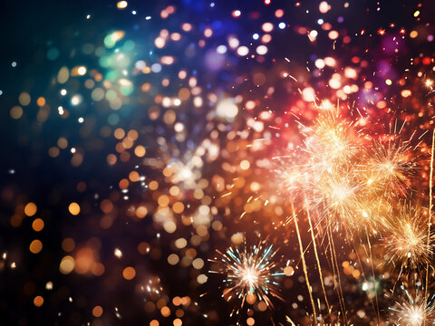 New Year's fireworks illuminate a backdrop of vibrant bokeh lights