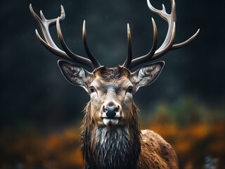 Deer with large antlers against gray backdrop