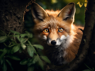 Fototapeta premium Red fox peeks out from behind tree in forest