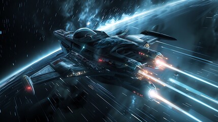 Cutting-Edge Futuristic Spaceship Soaring Through the Cosmos: High-Tech Interstellar Craft Representing Advanced Space Travel and Exploration in a Sci-Fi Inspired Galactic Setting