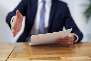 Business person, hand and meeting with contract paperwork for recruitment welcome interview in...