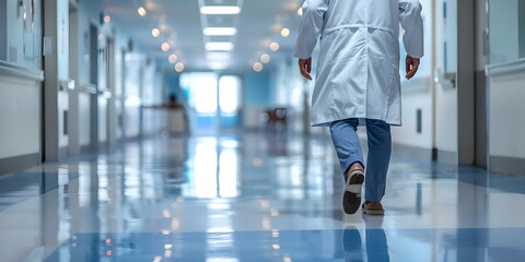 Fototapeta premium Confident Medical Professional in White Coat Heading Towards Clinic. Concept Medical Professional, White Coat, Clinic, Confidence, Health Care