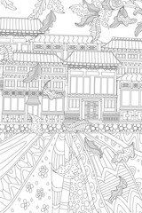 coloring book page for adults and children. autumn street of cut