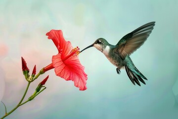 Naklejka premium A hummingbird with green and white plumage feeds from a pink hibiscus flower in a soft focused background.