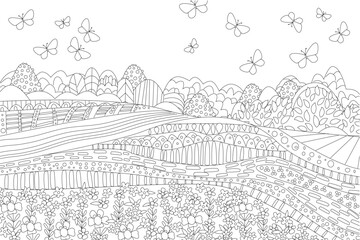 coloring book page for adults and children. rustic scenic with b