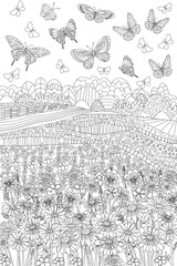 coloring book page for adults and children. rural landscape with