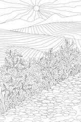 coloring book page for adults and children. sunrise in mountain