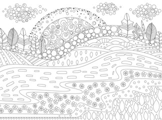 Obraz premium coloring book page for adults and children. sunrise over rural l