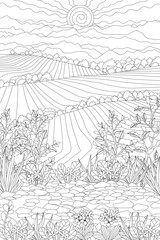 coloring book page for adults and children. sunrise in mountain