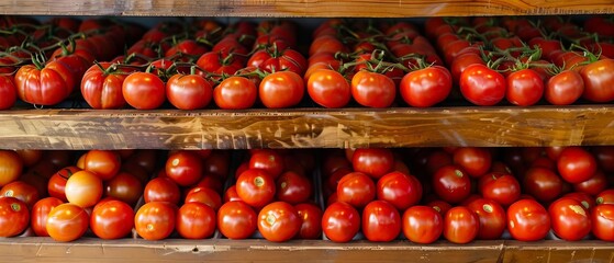 Fresh tomatoes neatly arranged on wooden shelves in a market setting, showcasing their vibrant red hues and ready for purchase.