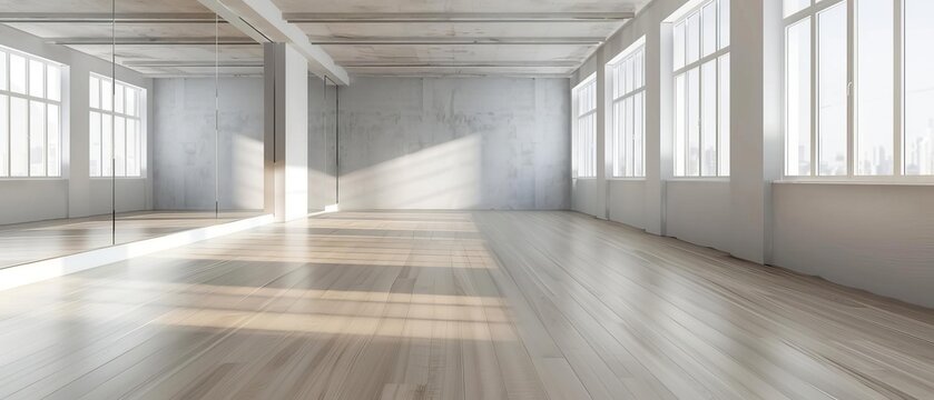 Spacious empty interior of a modern room with wooden flooring, large windows, and concrete walls illuminated by natural light.