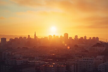 Fototapeta premium A city skyline at sunset with warm tones and subtle contrast, showcasing iconic buildings and urban landmarks, lightly color graded to enhance the golden hour ambiance, delivered in ProRes 422 (HQ)