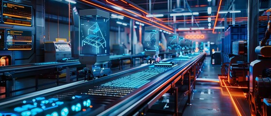 Obraz premium Futuristic modern high-tech factory interior with advanced technology, holographic displays, and automated machinery in vibrant color scheme.