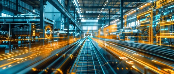 Fototapeta premium Dynamic view of an advanced manufacturing factory with glowing digital interfaces and machinery, representing industry 4.0 technology.