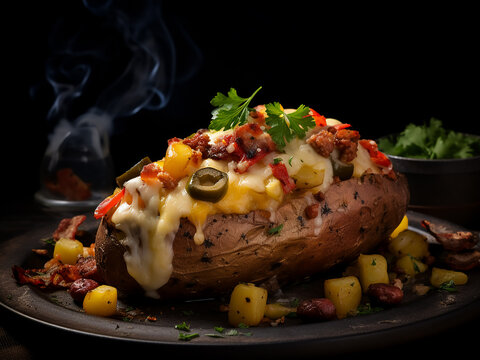 Stuffed kumpir cheese, sausage, olives, peppers