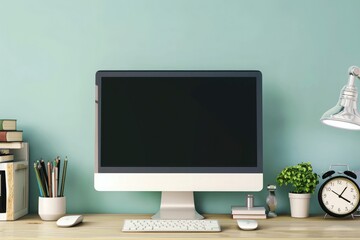 An image of an iMac with a blank screen on a desk, with a small wooden table beside it and some 