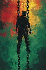 A silhouette of a man chained amidst black, green, red and yellow colors, concept of social issue of drug addiction and cannabis use, creative illustration.