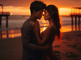 Affectionate couple embracing romantically on the beach at dusk