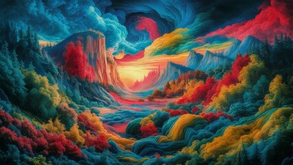 The scene is composed ofa multicolored dreamscape, with swirls of blue, red, yellow, and green