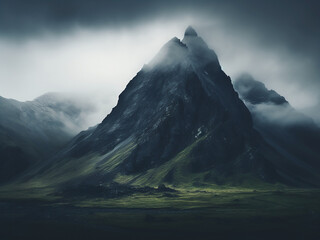 Eerie mountain landscape cloaked in dense fog, evoking mystery