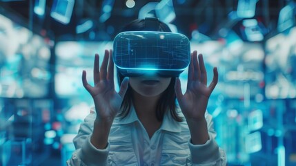 Woman experiencing virtual reality with VR headset in futuristic setting, representing advanced technology and immersive digital experience.