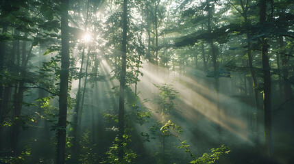 A misty forest with sunlight filtering through the trees