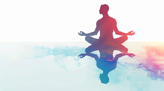 Floating person in lotus pose on air, isolated on white background close up, focus on, copy space bright and vibrant colors Double exposure silhouette with serene nature