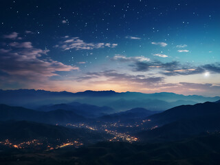 A breathtaking landscape is adorned with twilight hues over mountain ridges