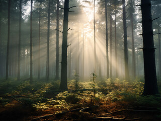 Obraz premium Early morning mist blankets a tranquil forest, kissed by sunlight