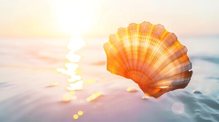 Floating seashell on air, isolated on white background close up, focus on, copy space bright and vibrant colors Double exposure silhouette with beach sunset