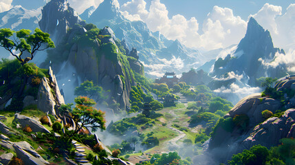 A mountainous terrain with a winding path leading to a hidden temple