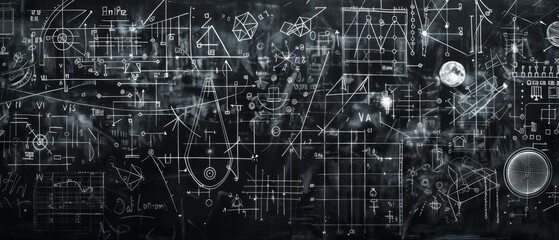 Intricate chalkboard filled with scientific formulas and complex engineering diagrams, symbolizing innovation, learning, and technical knowledge.