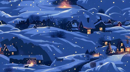 Naklejka premium Enchanting Wintertime Village Under a Starry Sky Cozy Cottages Glittering Snow and a Peaceful Frozen Stream