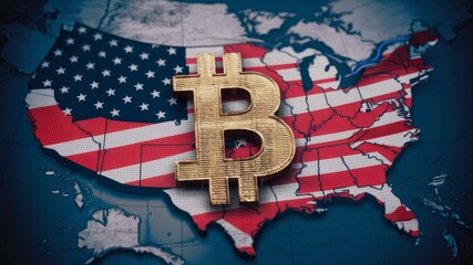 Obraz premium Bitcoin coin on political map of North America, on the territory of united states, use of cryptocurrency worldwide, economic power, crypto coint currency,