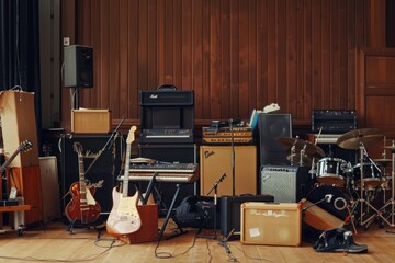A packed music rehearsal room with various guitars, amplifiers, drums, and other instruments, set against a wood-paneled backdrop.