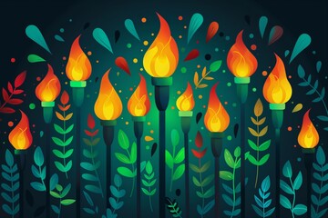 Many burning torches representing the ongoing fight for equality on Juneteenth. Black, green, red and yellow colors, creative illustration, flat style.