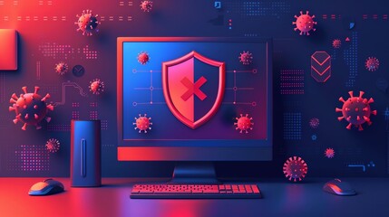 Computer screen showing a shield symbol with digital viruses. Concept of cybersecurity, antivirus protection, and digital threats.