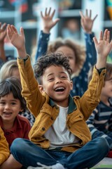 Fototapeta premium Joyful students in a classroom actively participating in a fun learning activity, showing enthusiasm and engagement.