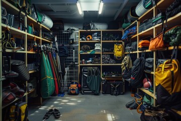 A compact storage room filled with outdoor and adventure sports equipment including backpacks, jackets, and climbing gear.