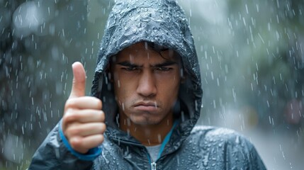 A man in a hoodie is giving a thumbs up while standing in the rain