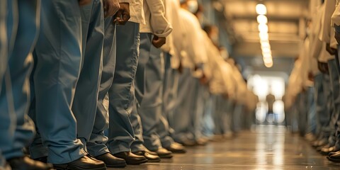 Inmates lined up for attendance check in a facility. Concept Inmate Management, Corrections Facilities, Prison System, Institutional Processes, Security Checks