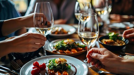 restaurant food on the table a glass of wine. selective focus. Generative AI,