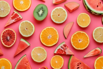 An artistic arrangement of tropical fruit slices, including oranges, lemons, and watermelons, set against a vivid pink background, with their vibrant colors and geometric shapes creating an engaging