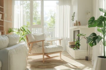 An airy Scandinavian living room bathed in natural sunlight, featuring a cozy armchair, white furniture, and vibrant indoor plants.