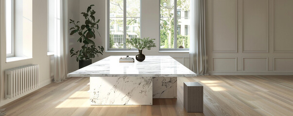 Minimalist white marble dining table in a modern dining room with neutral tones and large windows, creating a clean and elegant setup - Powered by Adobe