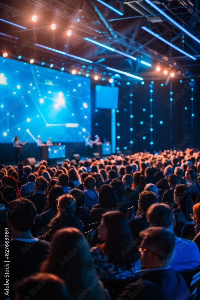 Wall mural large audience attending a tech conference with a blue-lit stage displaying digital graphics and spe